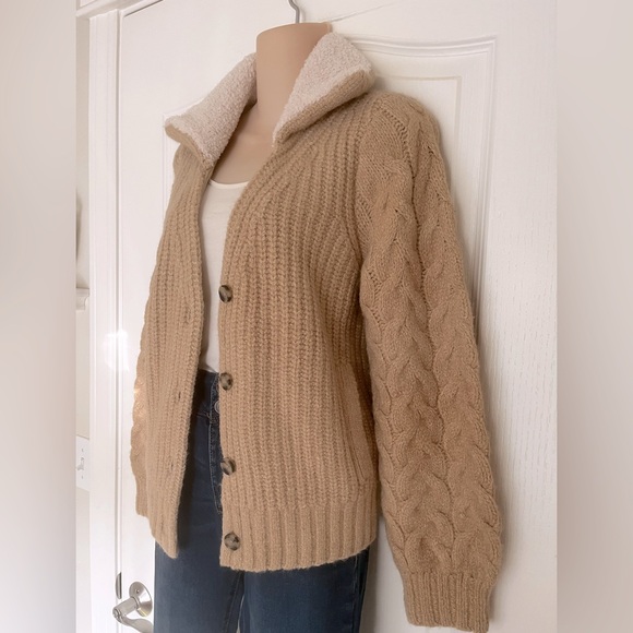 Lucky Brand Sweaters - Lucky Brand Sherpa Fleece CollarTan Cable Knit Cardigan, Size XS